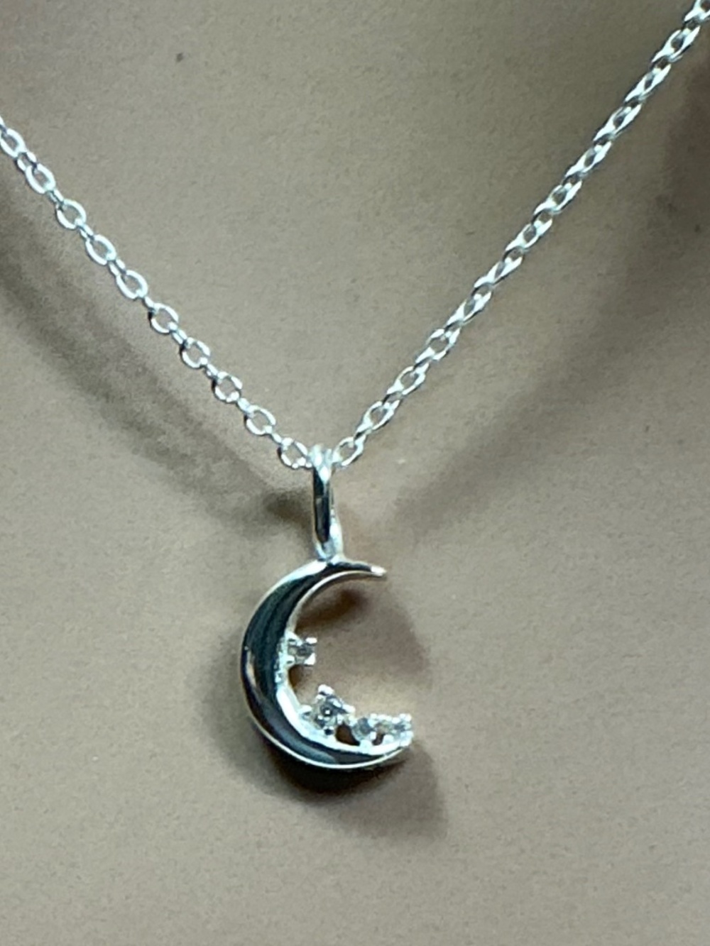 Sterling Silver Crescent Moon 🌙 & Clear stones, stars ⭐️ pendant Necklace